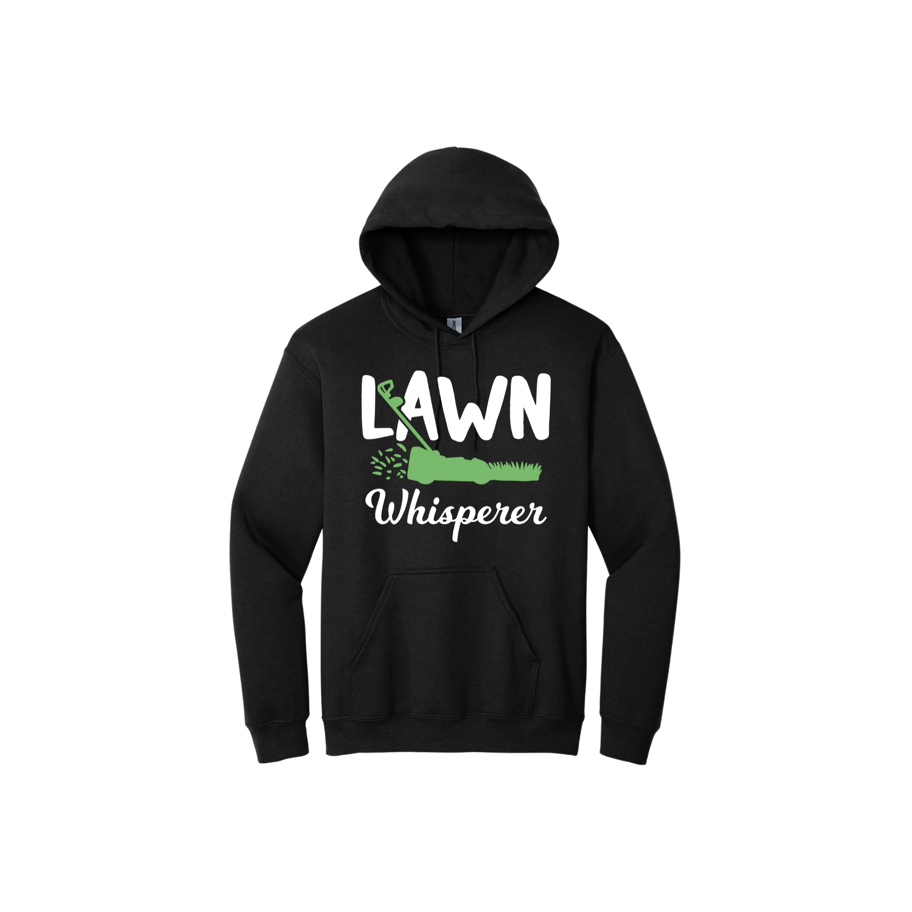Black unisex hoodie with white text that reads 'Lawn Whisperer' alongside a graphic of a green lawnmower cutting grass.