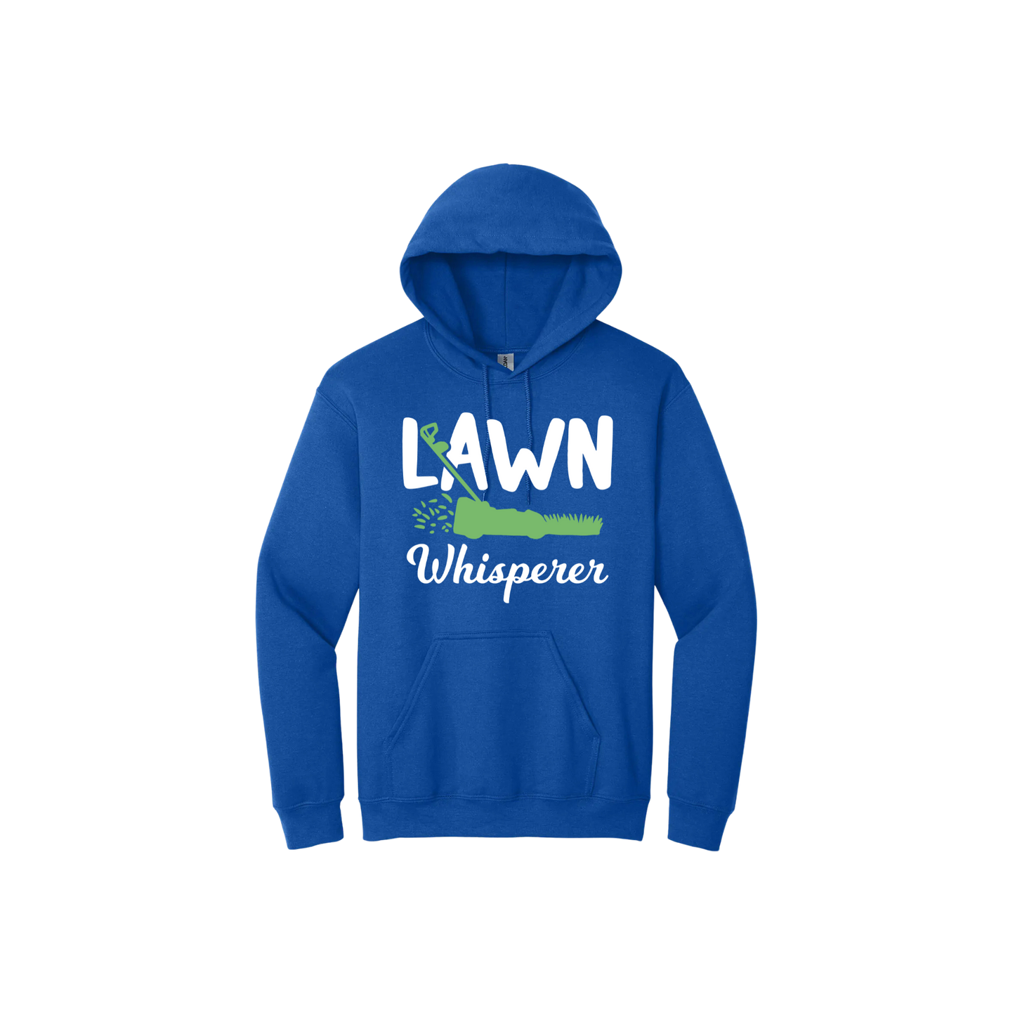 Blue unisex hoodie with white text that reads 'Lawn Whisperer' alongside a graphic of a green lawnmower cutting grass.