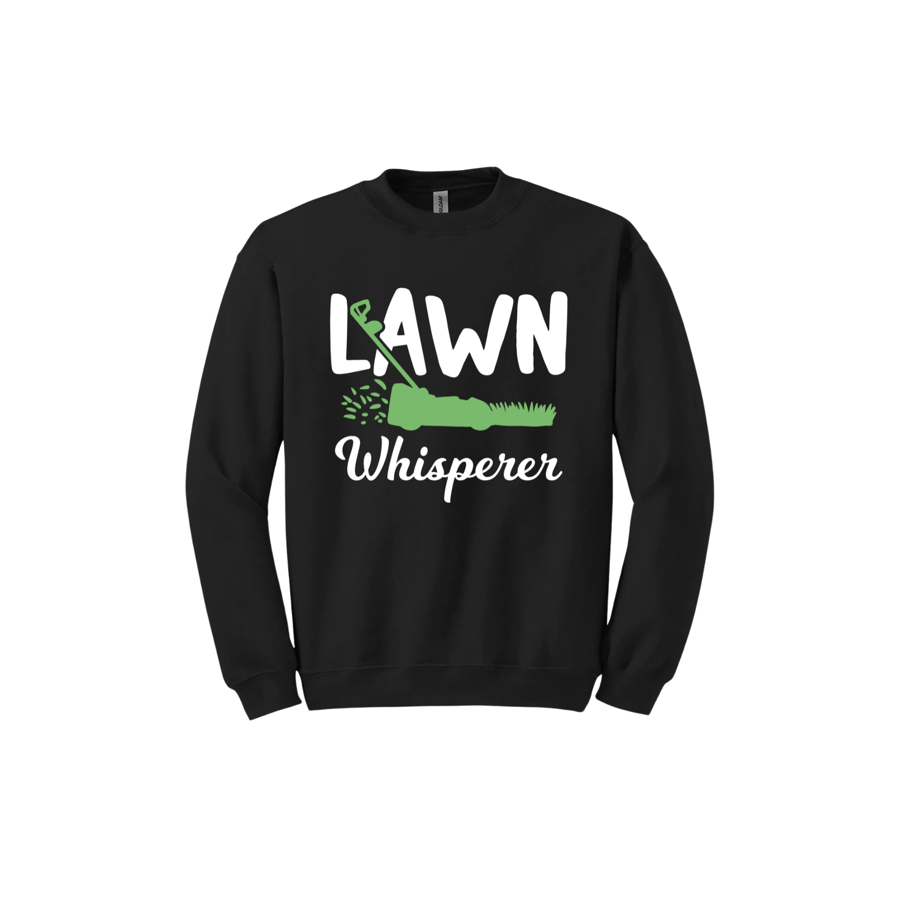 Black unisex sweatshirt with white text that reads 'Lawn Whisperer' alongside a graphic of a green lawnmower cutting grass.