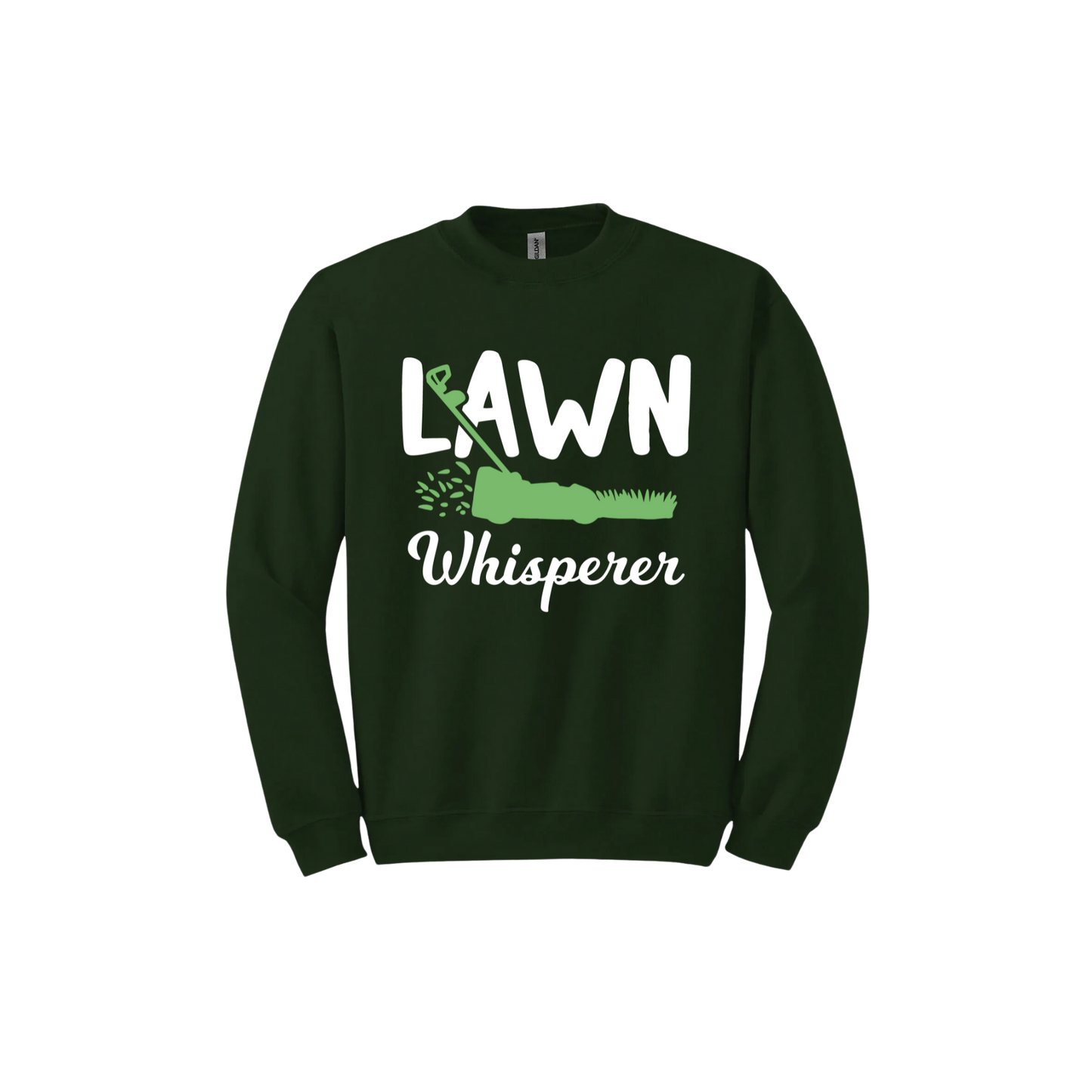 Forest green unisex sweatshirt with white text that reads 'Lawn Whisperer' alongside a graphic of a green lawnmower cutting grass.