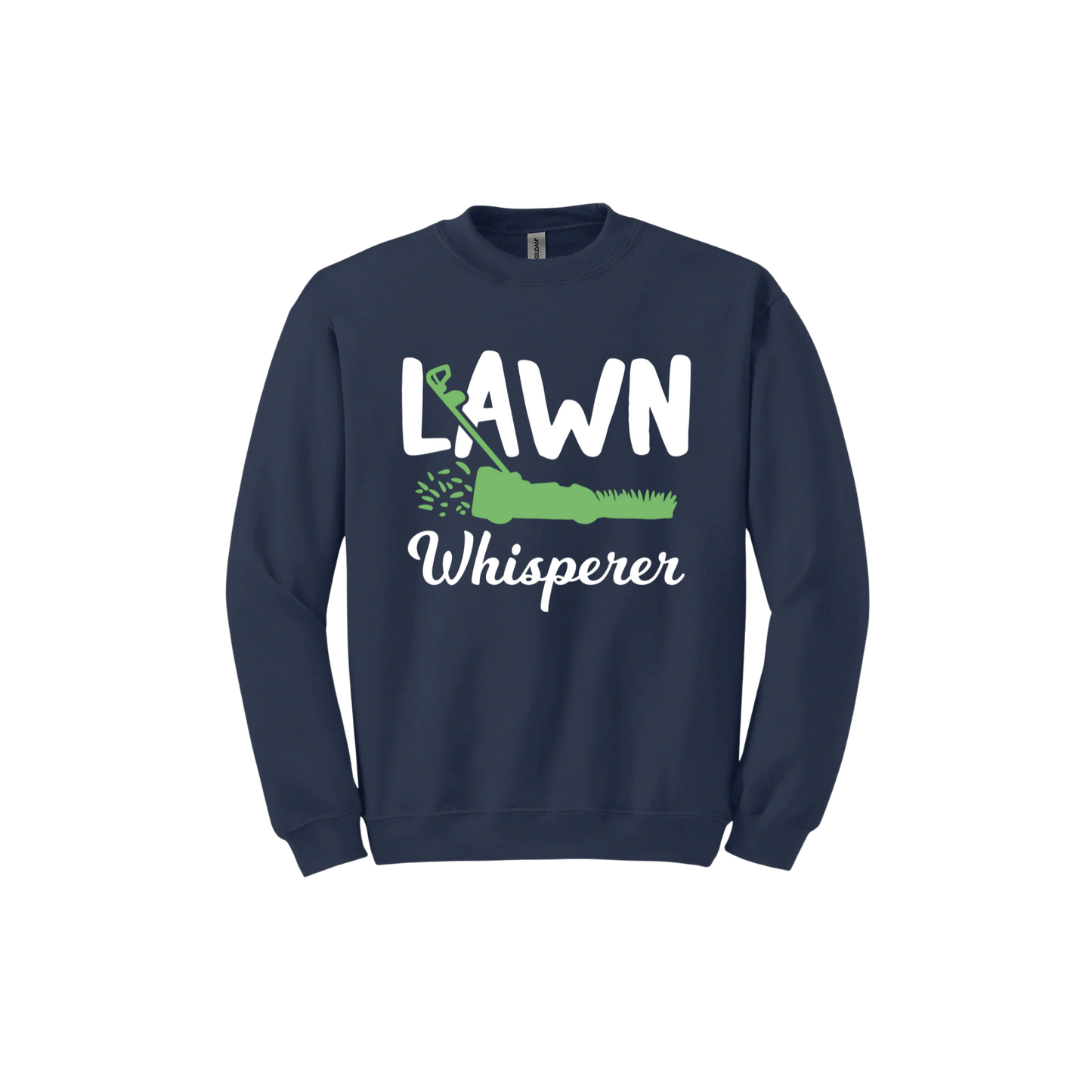 Navy unisex sweatshirt with white text that reads 'Lawn Whisperer' alongside a graphic of a green lawnmower cutting grass.