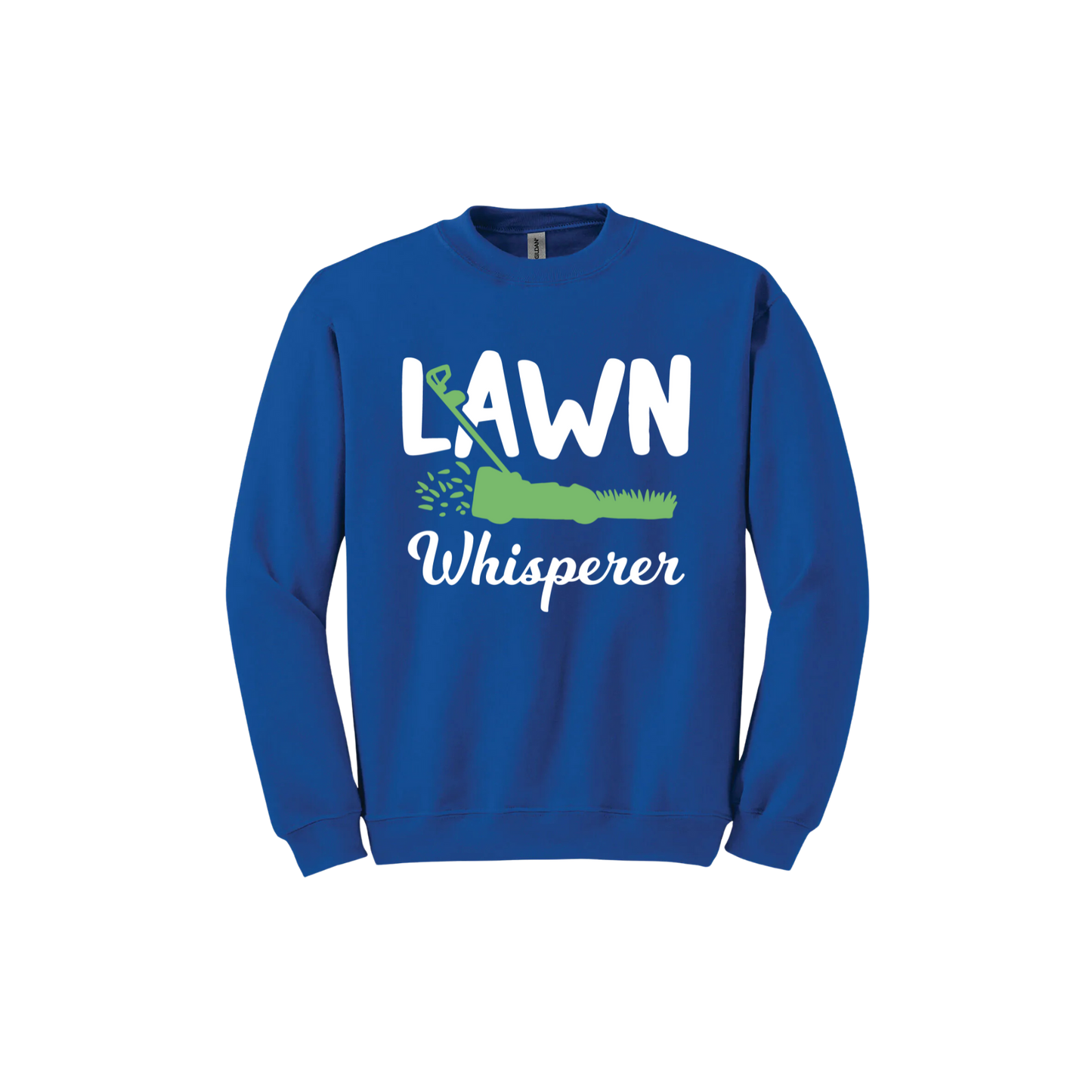 Royal blue unisex sweatshirt with white text that reads 'Lawn Whisperer' alongside a graphic of a green lawnmower cutting grass.