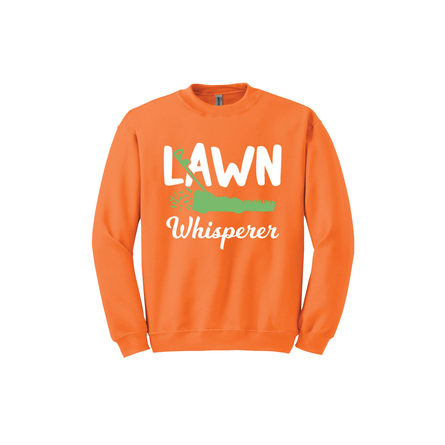 Safety orange unisex sweatshirt with white text that reads 'Lawn Whisperer' alongside a graphic of a green lawnmower cutting grass.
