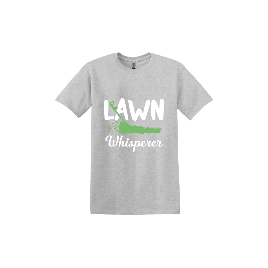 Ash grey unisex tshirt with white text that reads 'Lawn Whisperer' alongside a graphic of a green lawnmower cutting grass.