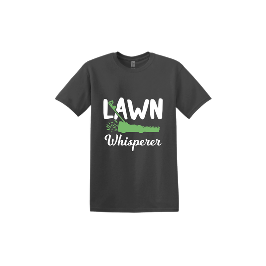 Charcoal unisex tshirt with white text that reads 'Lawn Whisperer' alongside a graphic of a green lawnmower cutting grass.