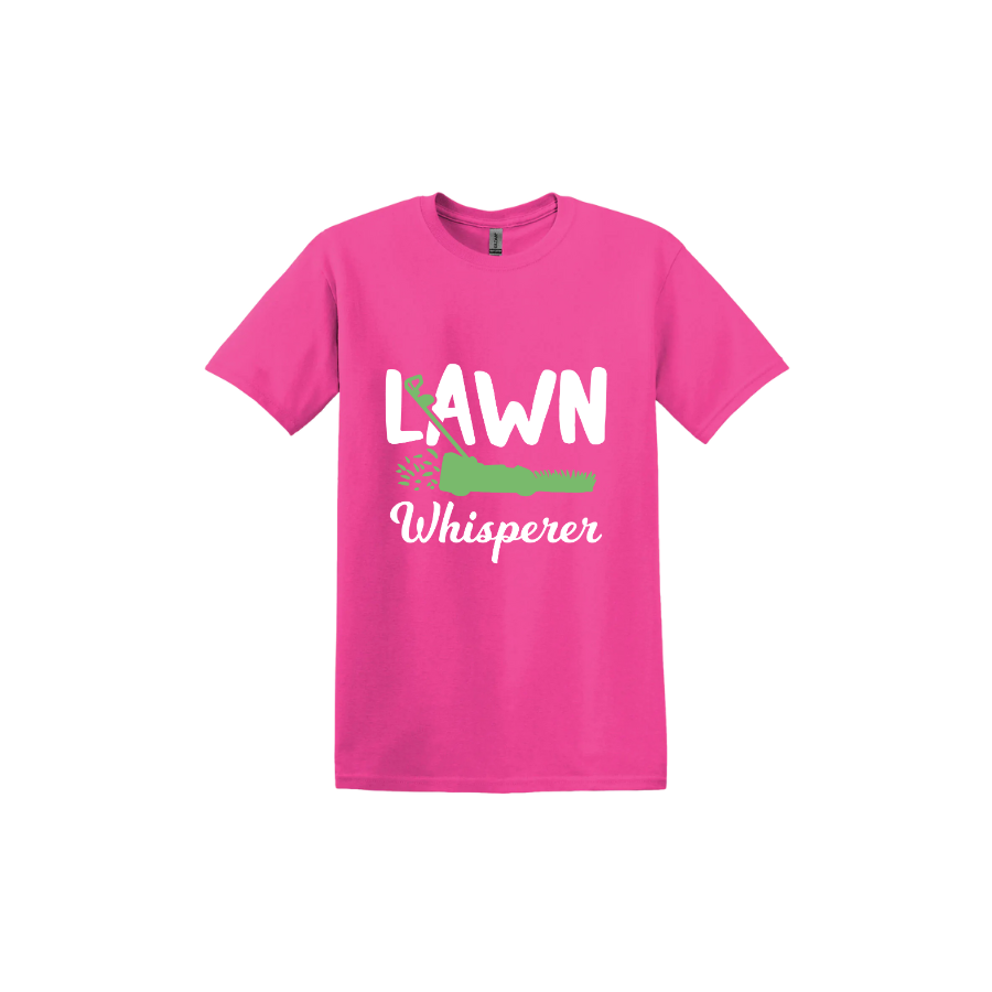 Heliconia unisex tshirt with white text that reads 'Lawn Whisperer' alongside a graphic of a green lawnmower cutting grass.