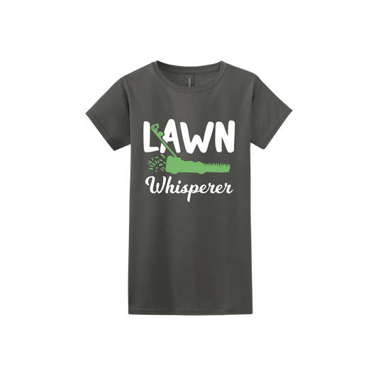 Charcoal womens tshirt with white text that reads 'Lawn Whisperer' alongside a graphic of a green lawnmower cutting grass.