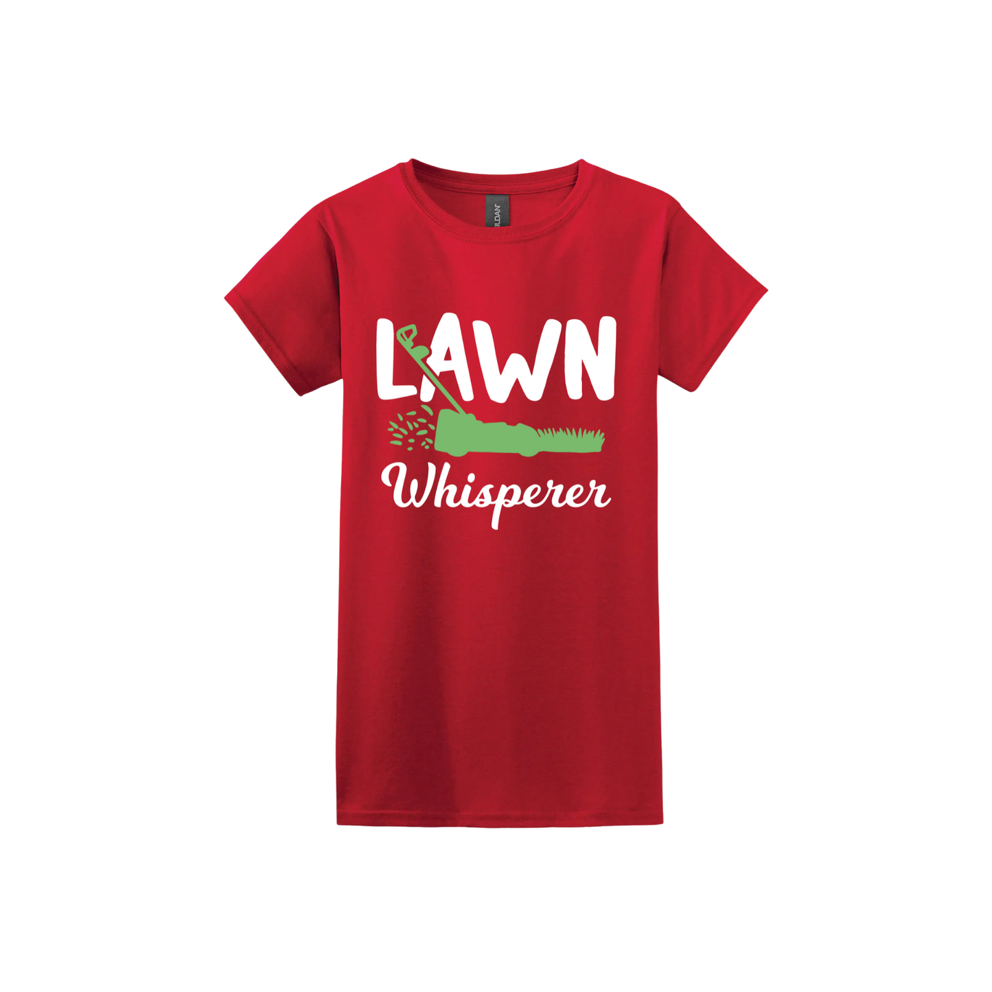 Red womens tshirt with white text that reads 'Lawn Whisperer' alongside a graphic of a green lawnmower cutting grass.