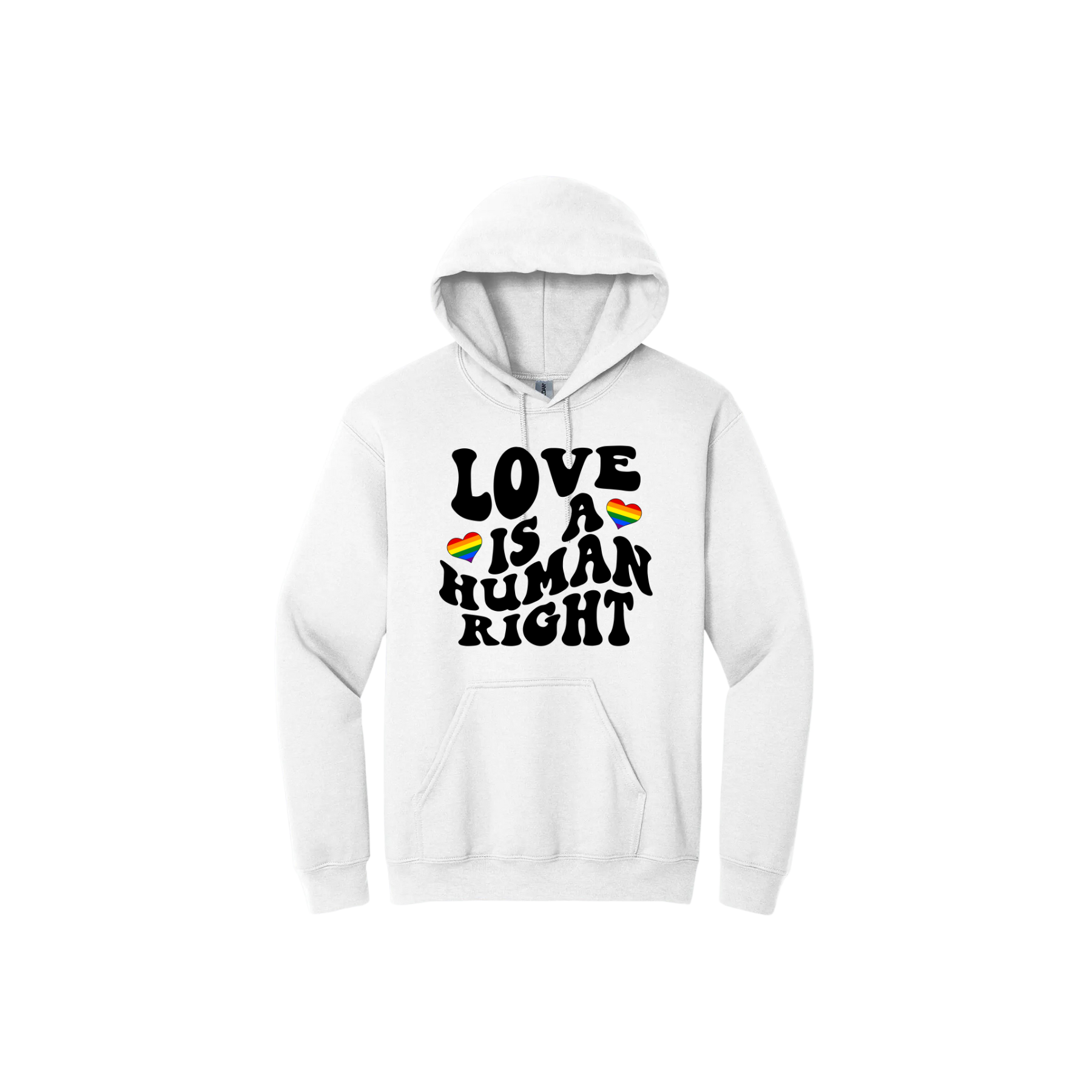 White unisex hoodie featuring text that reads 'Love is a human right' with two rainbow coloured hearts.