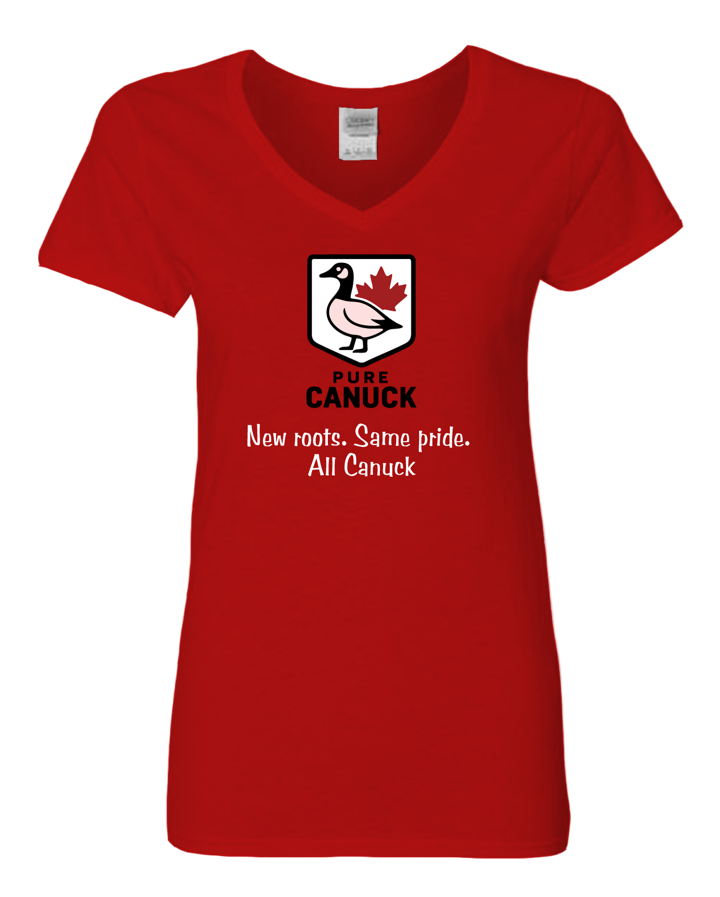 Red womens vneck tshirt featuring the pure canuck logo in the center along with the text 'New roots. Same pride. All Canuck'
