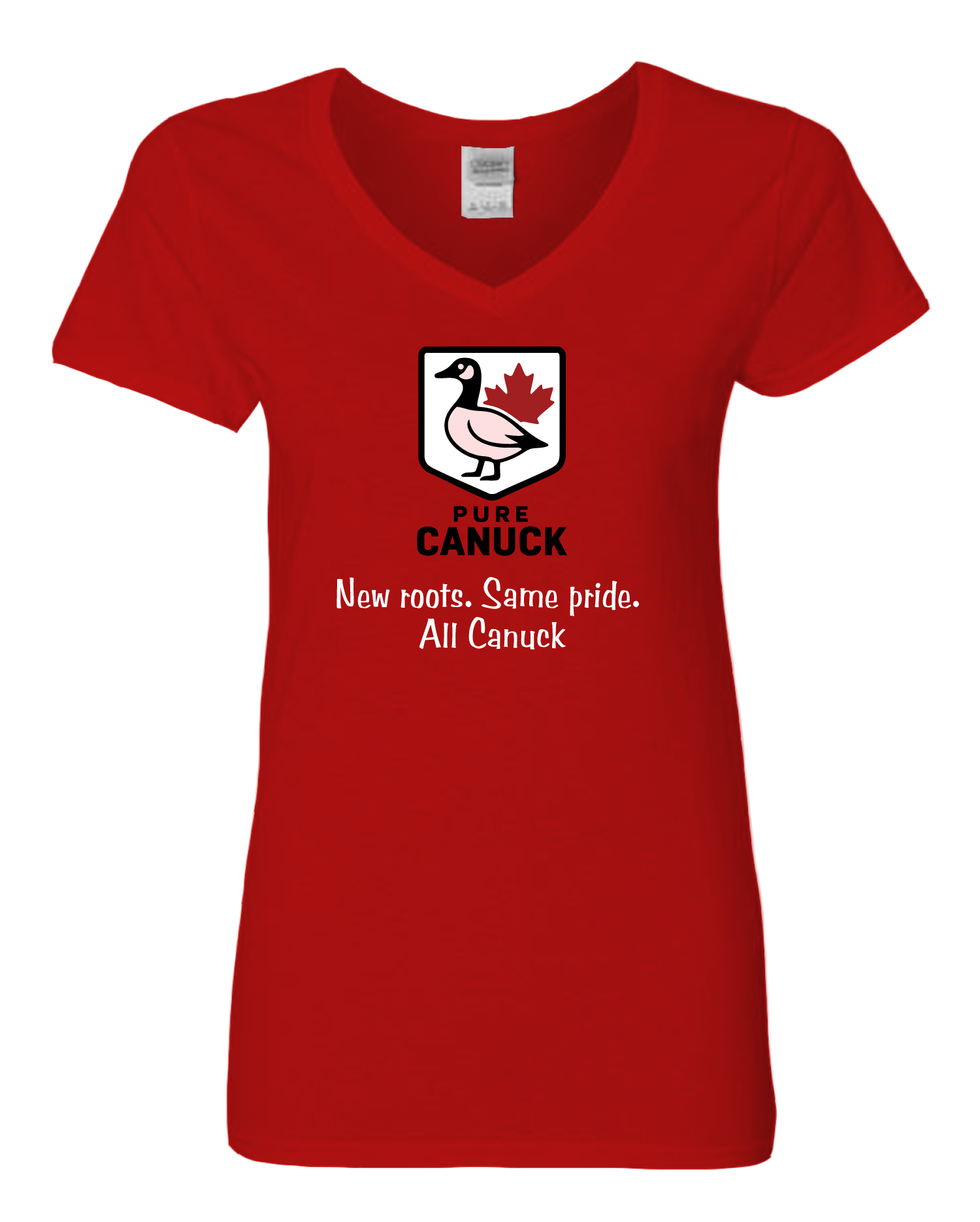 Red womens vneck tshirt featuring the pure canuck logo in the center along with the text 'New roots. Same pride. All Canuck'