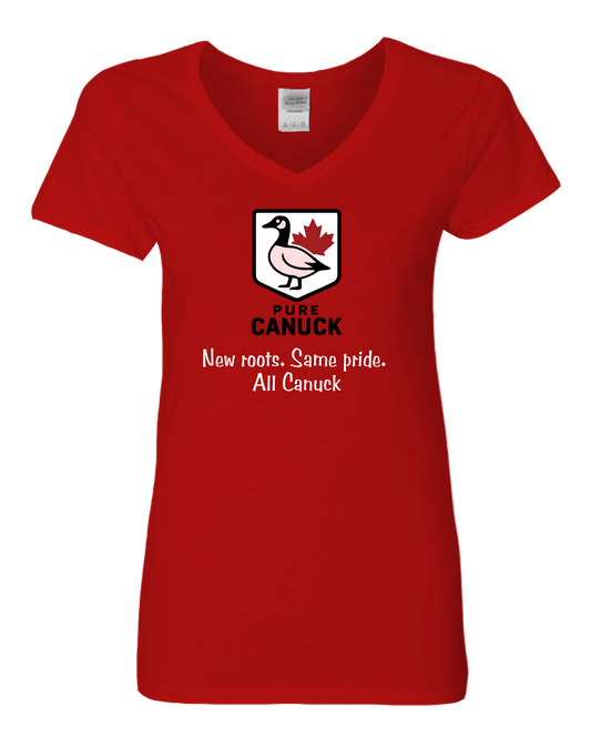 Red womens vneck tshirt featuring the pure canuck logo in the center along with the text 'New roots. Same pride. All Canuck'