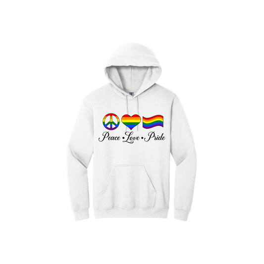 White unisex hoodie with the words 'Peace - Love - Pride' written below rainbow coloured shapes of a piece symbol, heart, and pride flag.