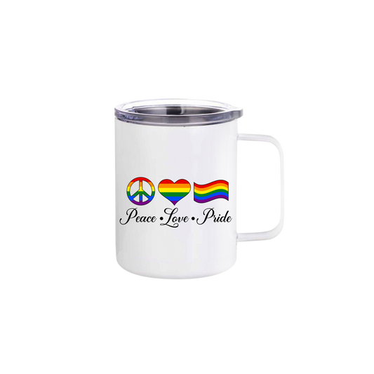 A White stainless steel mug with the words 'Peace - Love - Pride' written below rainbow coloured shapes of a piece symbol, heart, and pride flag.