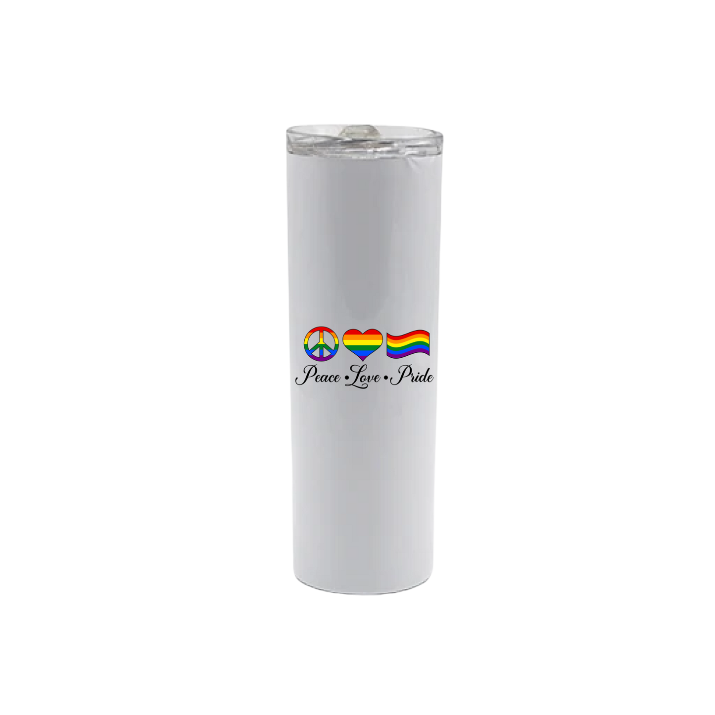 A White stainless steel tumbler with the words 'Peace - Love - Pride' written below rainbow coloured shapes of a piece symbol, heart, and pride flag.