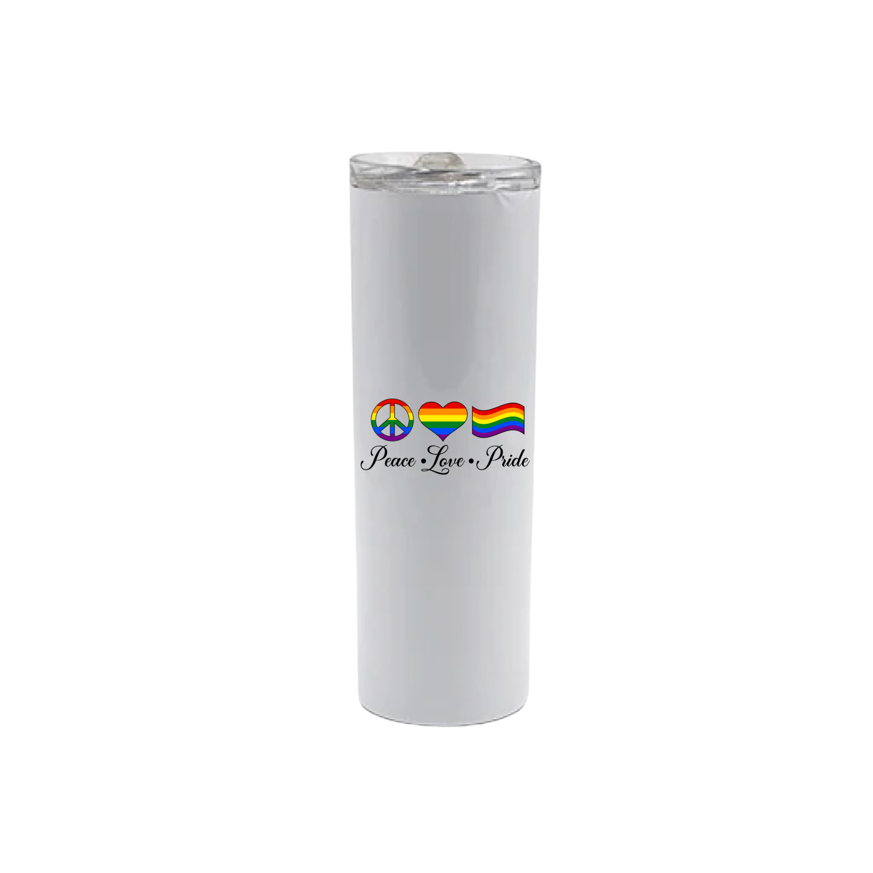 A White stainless steel tumbler with the words 'Peace - Love - Pride' written below rainbow coloured shapes of a piece symbol, heart, and pride flag.