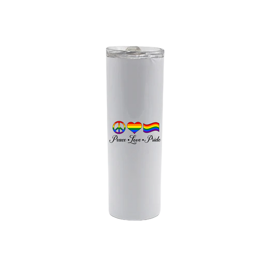 A White stainless steel tumbler with the words 'Peace - Love - Pride' written below rainbow coloured shapes of a piece symbol, heart, and pride flag.