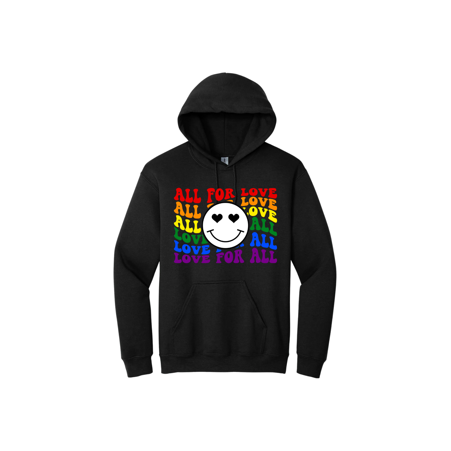Black hoodie with colourful 'All for Love Love for All' text and smiley face design.