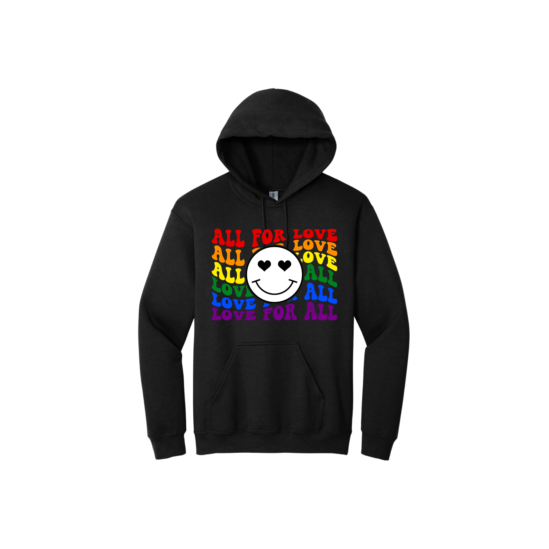 Black hoodie with colourful 'All for Love Love for All' text and smiley face design.