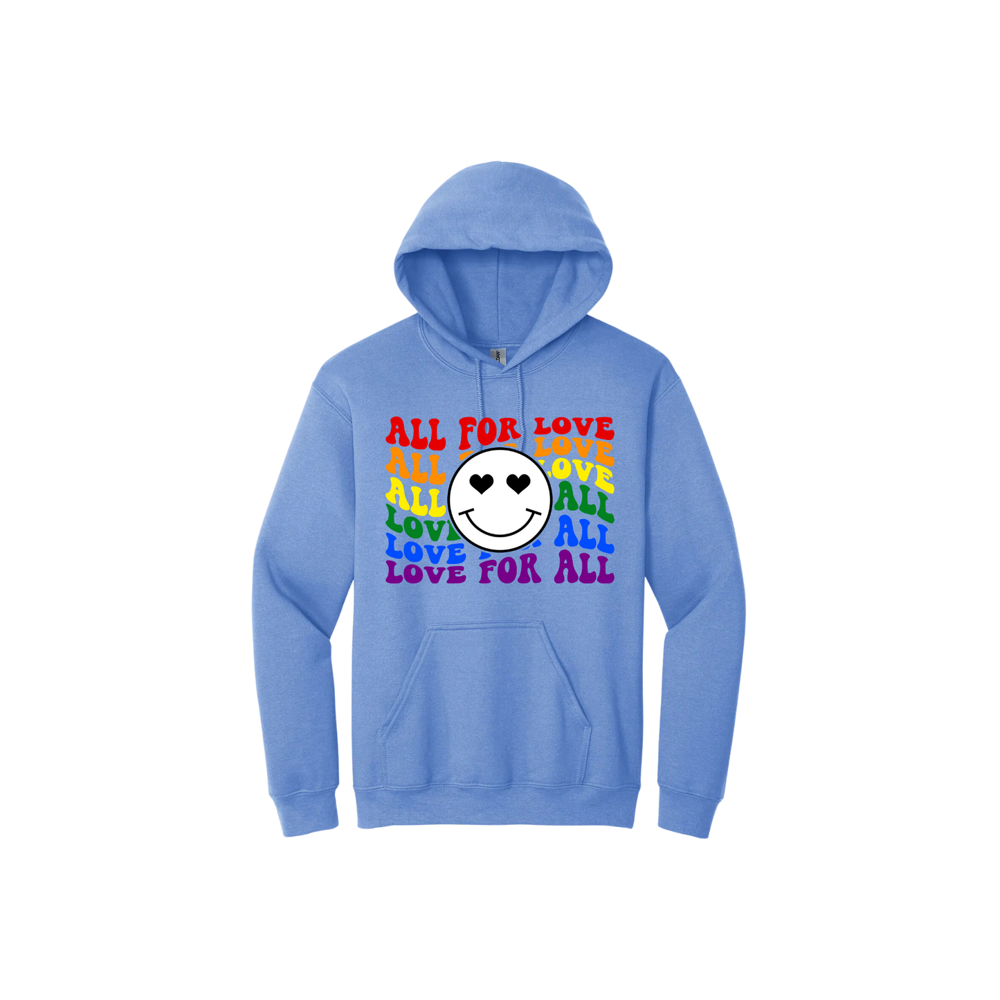 Blue hoodie with colourful 'All for Love Love for All' text and smiley face design.