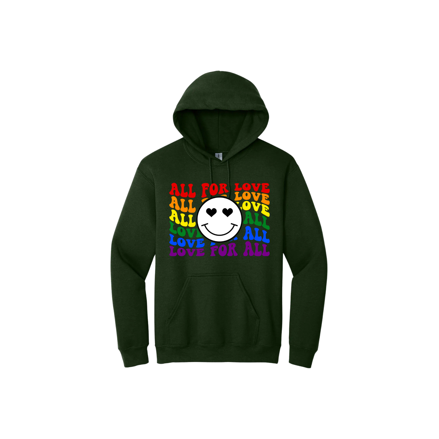 Green hoodie with colourful 'All for Love Love for All' text and smiley face design.