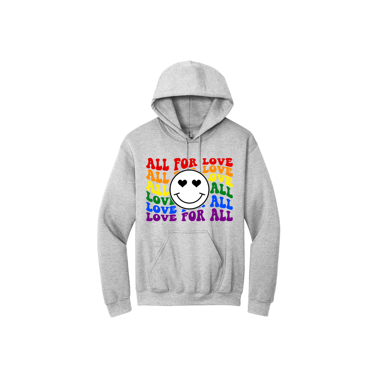 Grey hoodie with colourful 'All for Love Love for All' text and smiley face design.