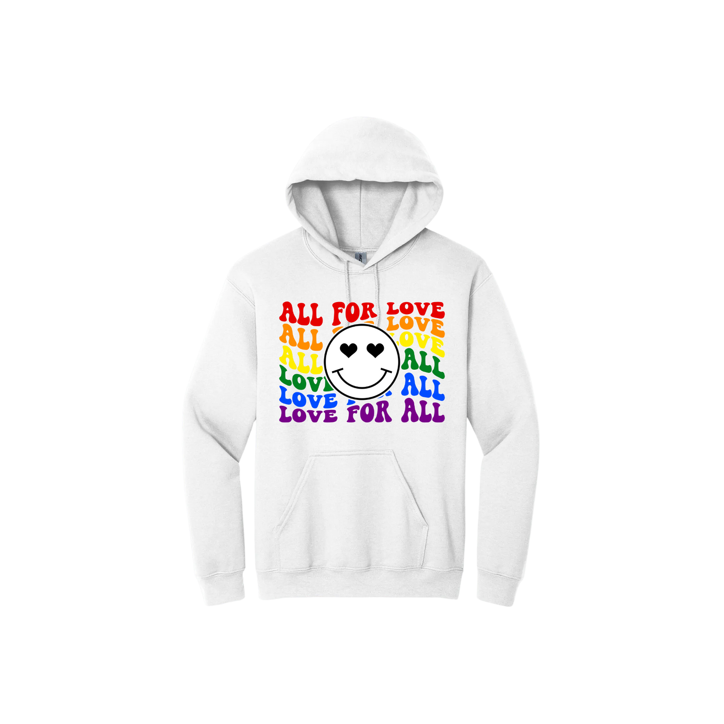White hoodie with colourful 'All for Love Love for All' text and smiley face design.