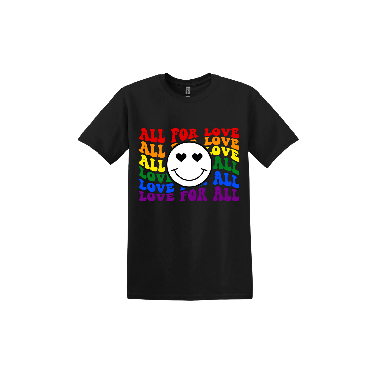 Black unisex tshirt with colourful 'All for Love' text and smiley face design