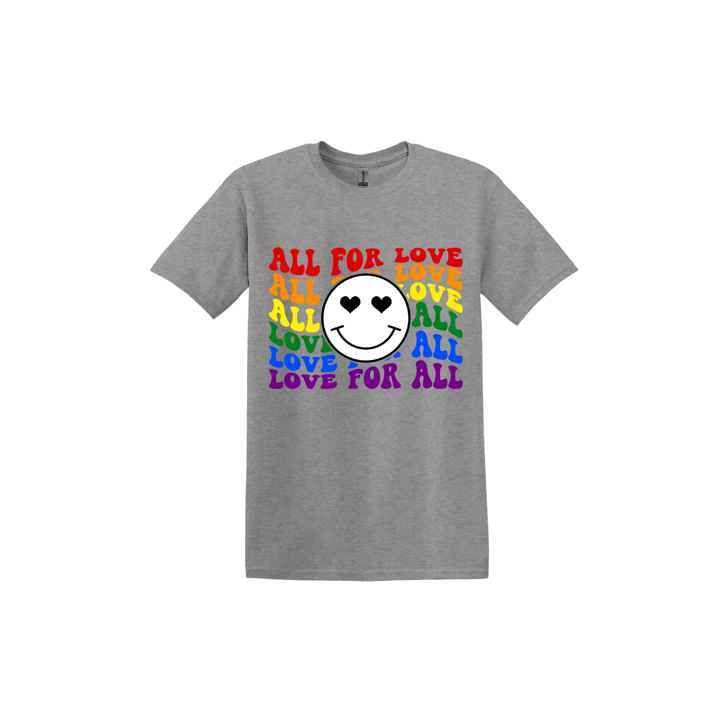 Graphite unisex tshirt with colourful 'All for Love' text and smiley face design