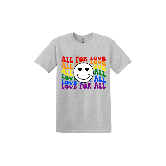 Grey unisex tshirt with colourful 'All for Love' text and smiley face design.