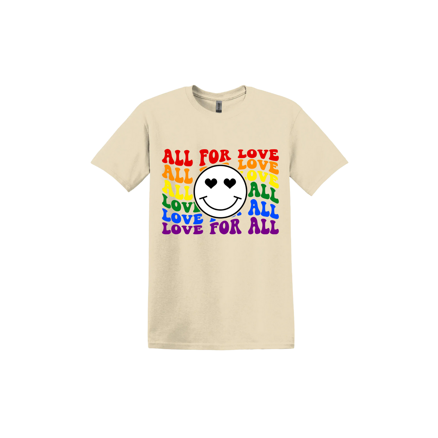 Sand unisex tshirt with colourful 'All for Love' text and smiley face design