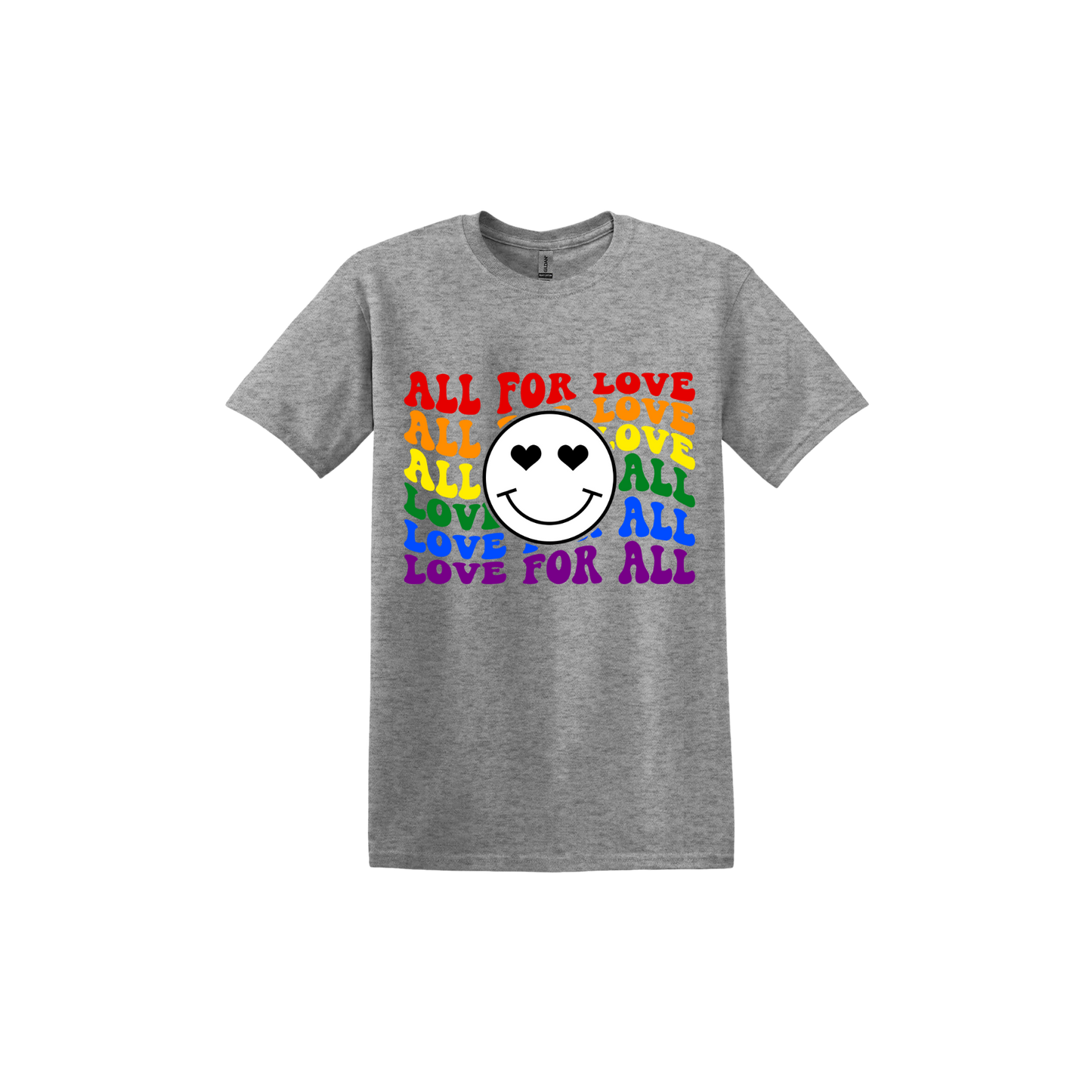 Sport grey unisex tshirt with colourful 'All for Love' text and smiley face design