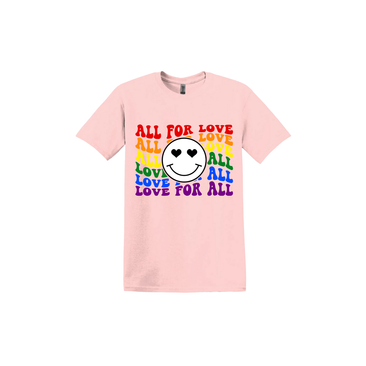 Light pink unisex tshirt with colourful 'All for Love' text and smiley face design