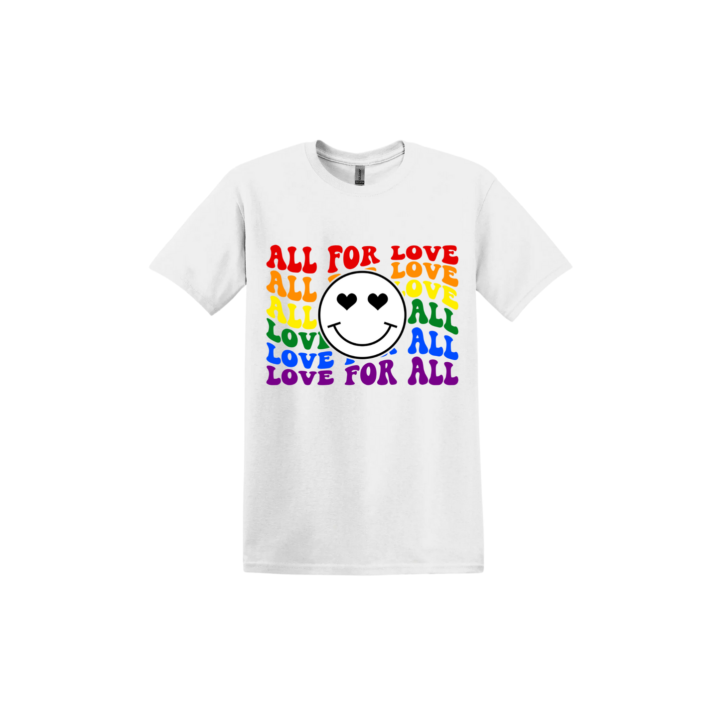 White unisex tshirt with colourful 'All for Love' text and smiley face design