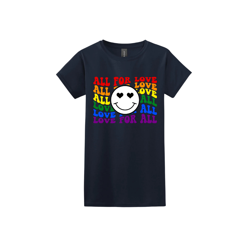 Navy womens tshirt with colourful 'All for Love' text and smiley face design