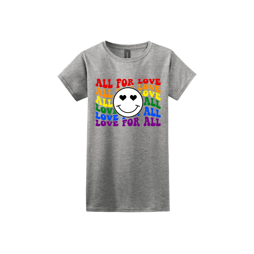Sport grey womens tshirt with colourful 'All for Love' text and smiley face design