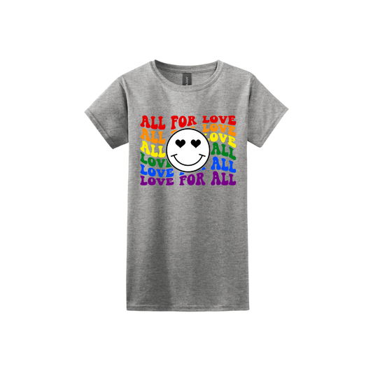 Sport grey womens tshirt with colourful 'All for Love' text and smiley face design