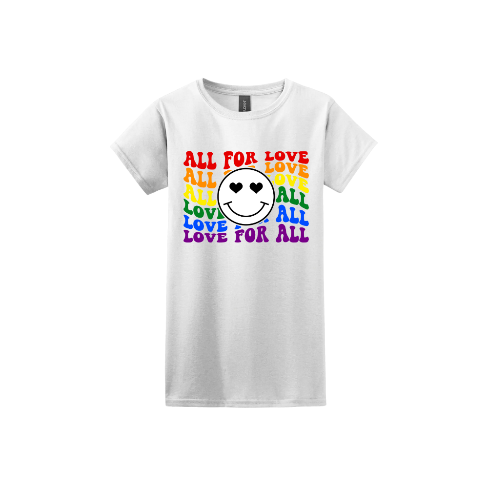 White womens tshirt with colourful 'All for Love' text and smiley face design
