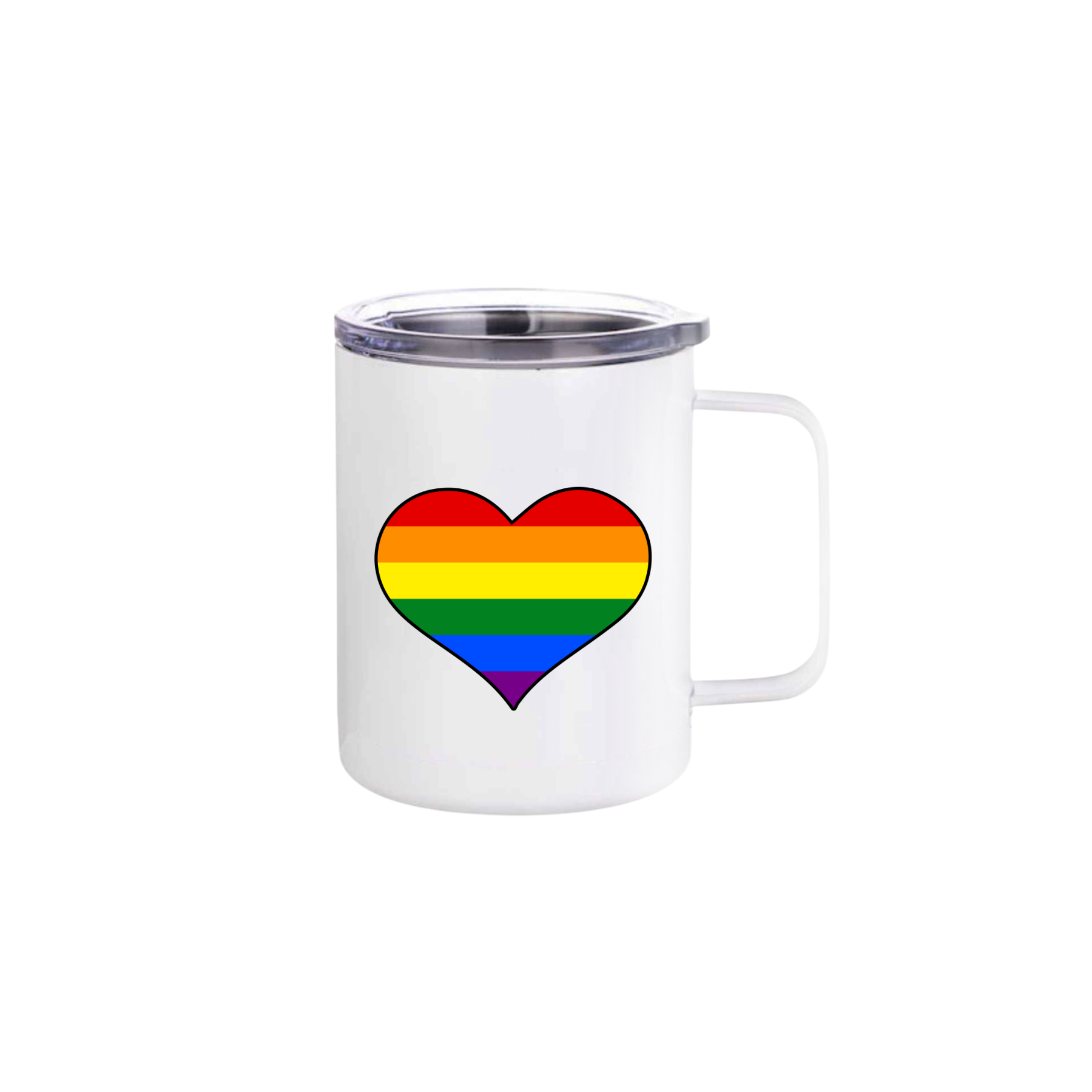 A white stainless steel mug featuring a rainbow coloured heart in the center.