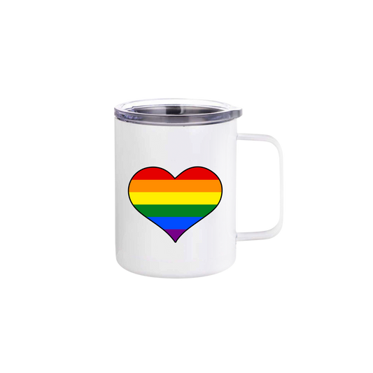 A white stainless steel mug featuring a rainbow coloured heart in the center.