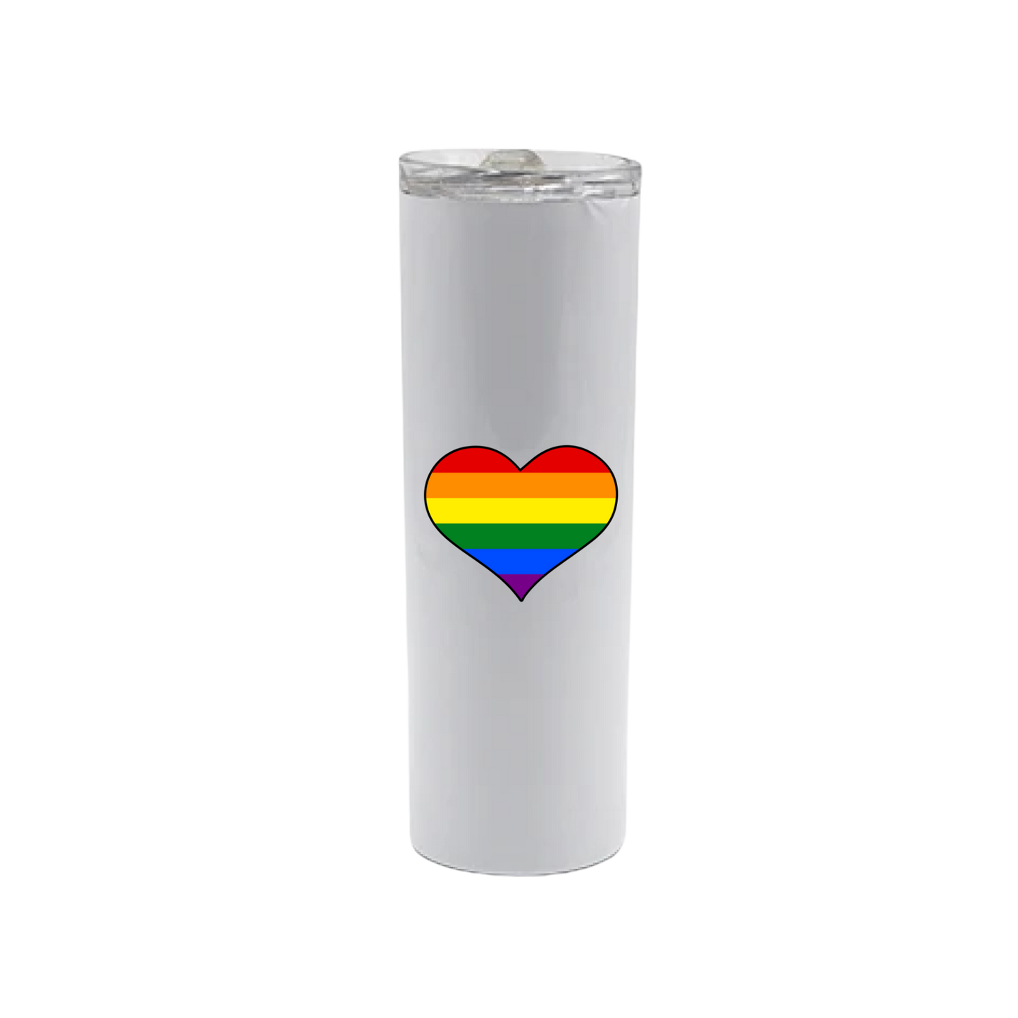 A white stainless steel tumbler featuring a rainbow coloured heart in the center.