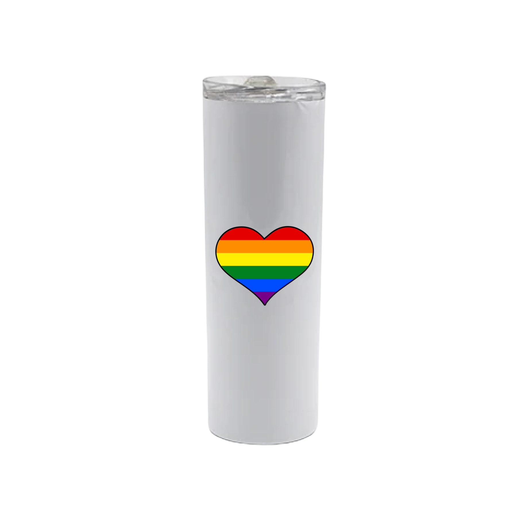 A white stainless steel tumbler featuring a rainbow coloured heart in the center.