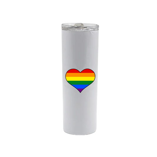 A white stainless steel tumbler featuring a rainbow coloured heart in the center.