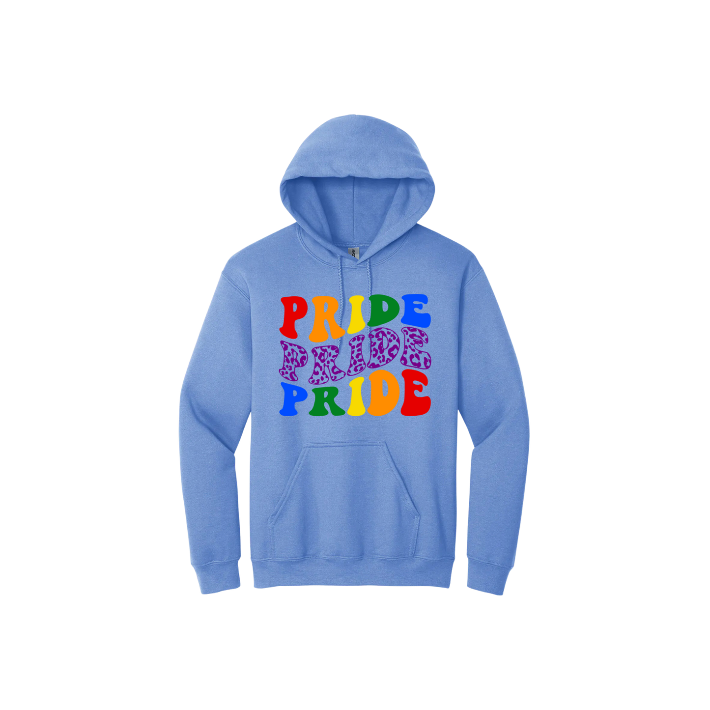 Carolina blue unisex hoodie with text that reads 'Pride Pride Pride' in colourful lettering.
