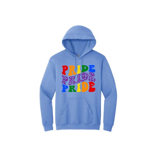 Carolina blue unisex hoodie with text that reads 'Pride Pride Pride' in colourful lettering.