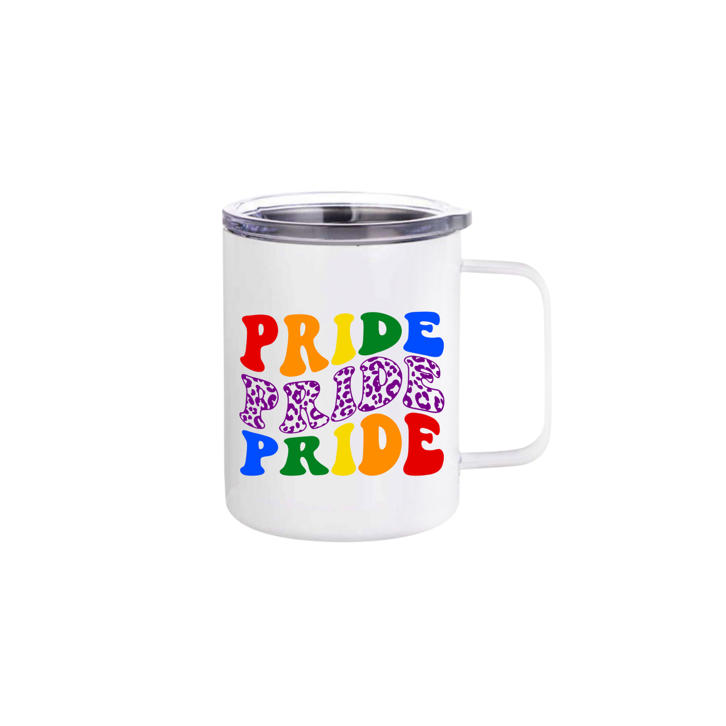 A white stainless steel mug with text that reads 'Pride Pride Pride' in colourful lettering.