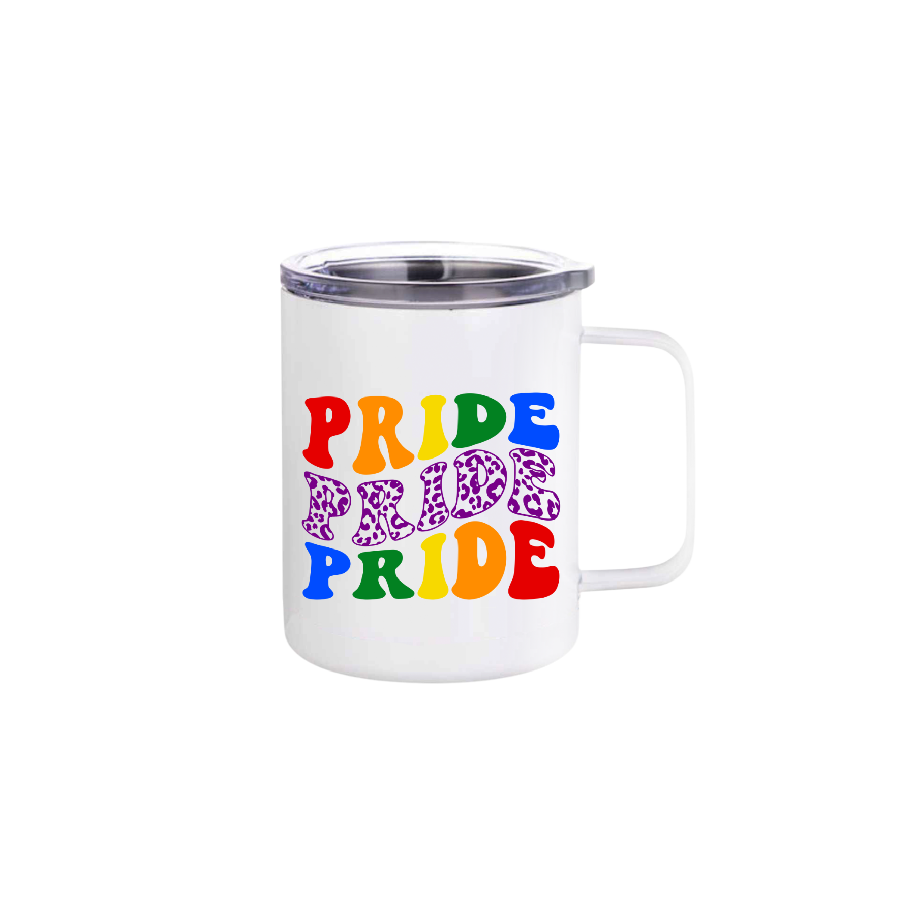 A white stainless steel mug with text that reads 'Pride Pride Pride' in colourful lettering.