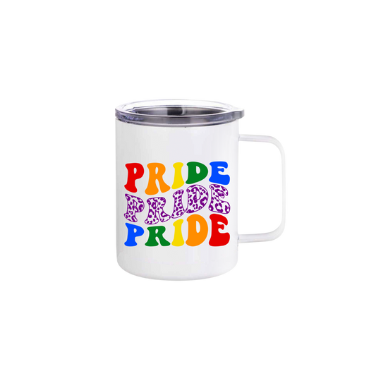 A white stainless steel mug with text that reads 'Pride Pride Pride' in colourful lettering.