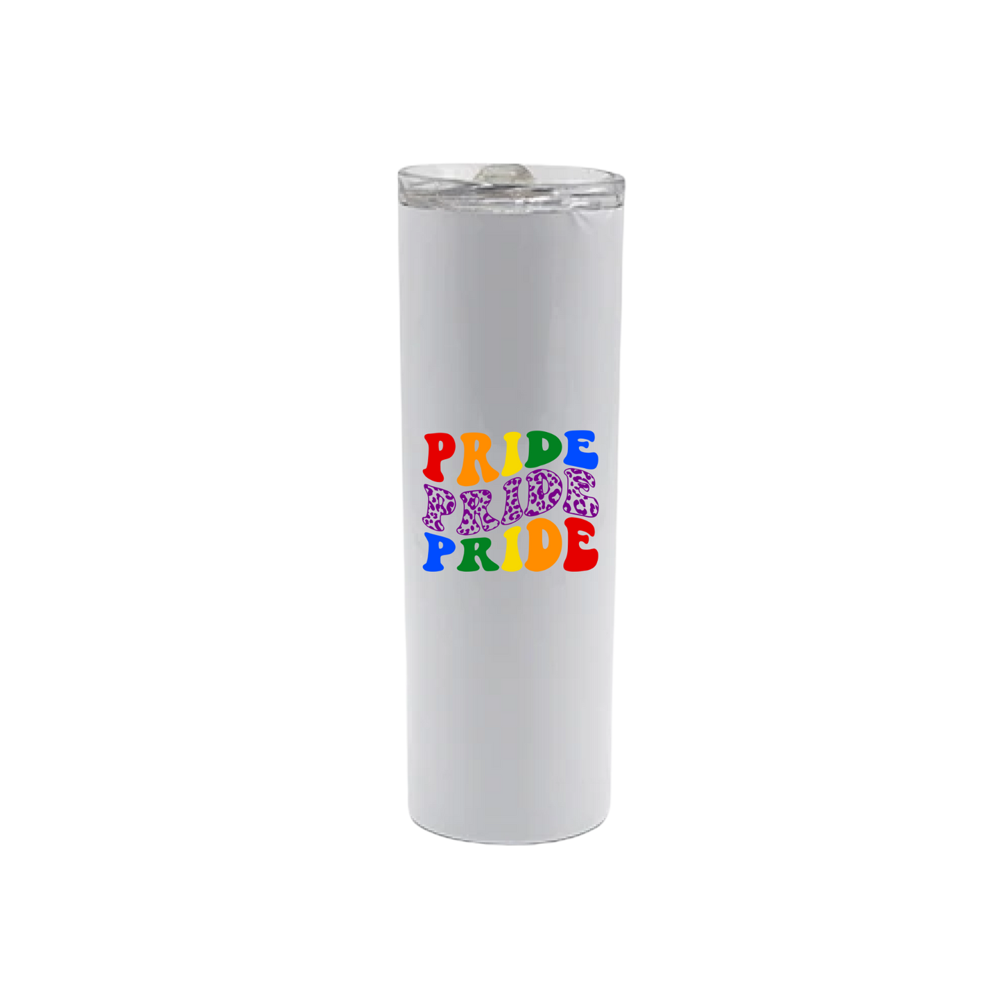A white stainless steel tumbler with text that reads 'Pride Pride Pride' in colourful lettering.