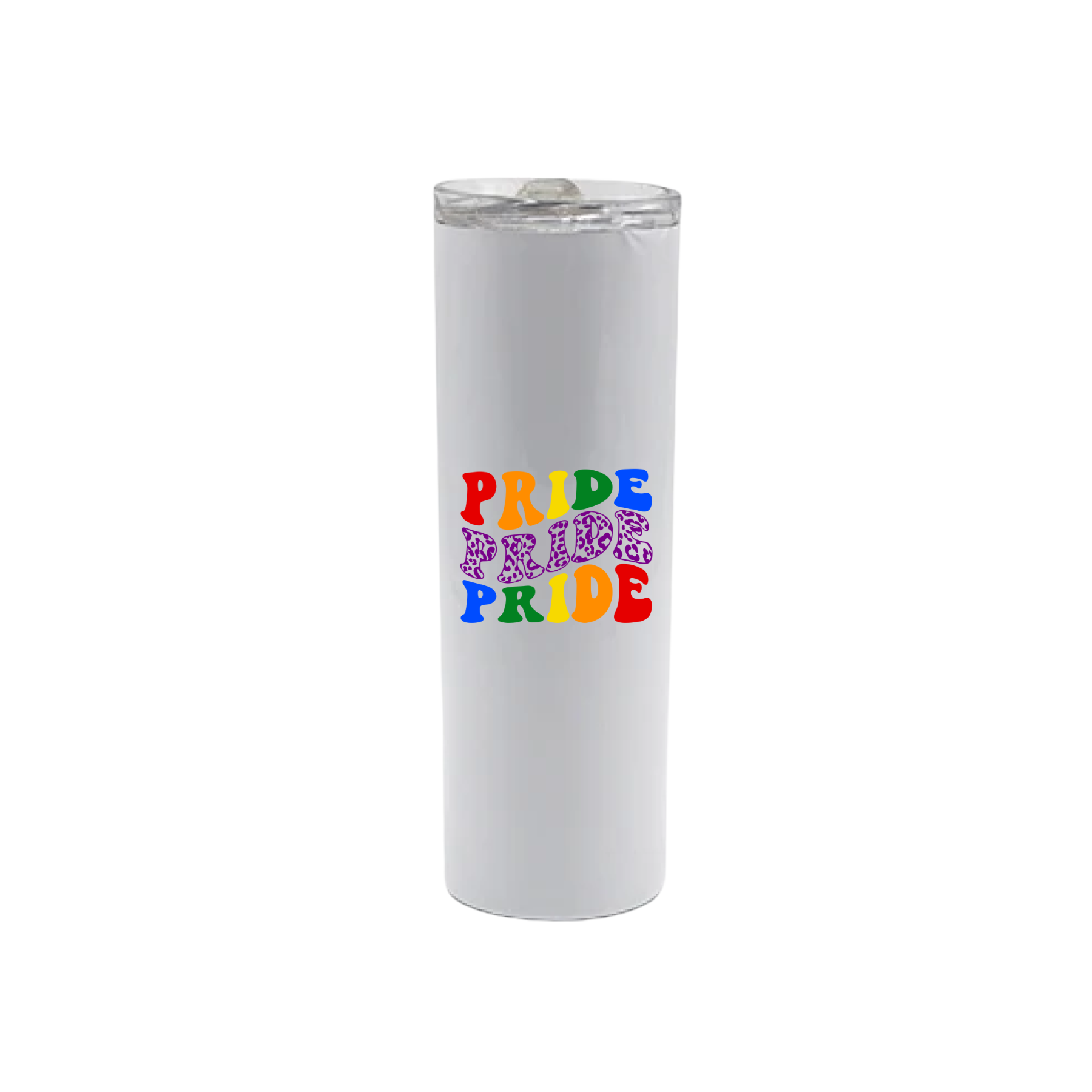 A white stainless steel tumbler with text that reads 'Pride Pride Pride' in colourful lettering.